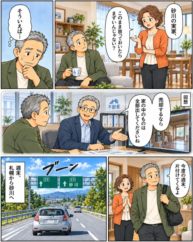 片付けマンガ内容:奥さんが「砂川の実家、このまま放っておいたらまずいんじゃない?」と問いかける。タカシがそういえば不動産屋さんに言われた言葉「売却するなら家の中のものは全部出してくださいね」を思い出した。タカシは重い腰を上げて「今度の週末片付けてくるよ」と奥さんに伝え高速で札幌から砂川へ向かった。