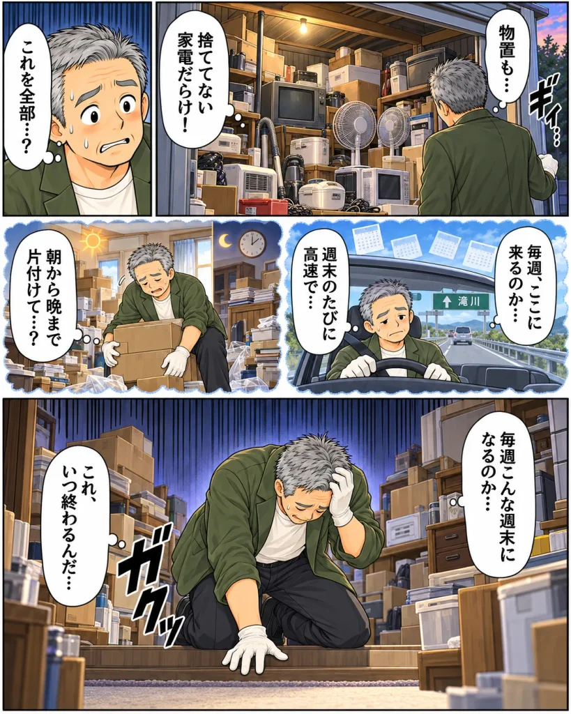 片付けマンガ内容:物置も覗くと捨ててない家電だらけ。愕然とするタカシ。「これを全部?毎週ここに通って週末のたびに高速で朝から晩まで片付けるの?」毎週こんなことになるのかと悩むタカシ。「これ(実家の片付け)いつ終わるんだ?」