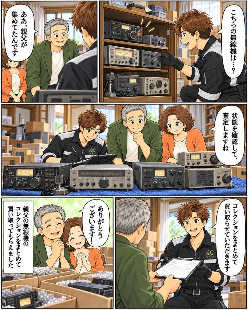 片付けマンガ内容:大量の無線機がでてきて質問するエコスタイル「ああ、親父が集めていたんです」数があったのでまとめて状態を確認して査定するエコスタイル。コレクションをまとめて買い取らせていただきます。タカシの父親の無線機のコレクションがそのままになっていたが生活応援エコスタイルさんに買い取ってもらえて作業費用の一部と差し引きになりました。